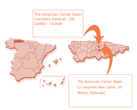 Mapa de Espa&ntilde;a en el que se se&ntilde;ala Asturias junto al mapa de Asturias en el que se indica donde se
encuentra Mieres